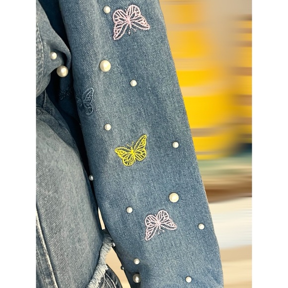 PEACH LOVE CALIFORNIA Butterfly & Pearls Jean Jacket S M L - Picture 7 of 8